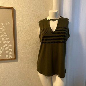 Olive Green Tank Top with Black American Flag Design
